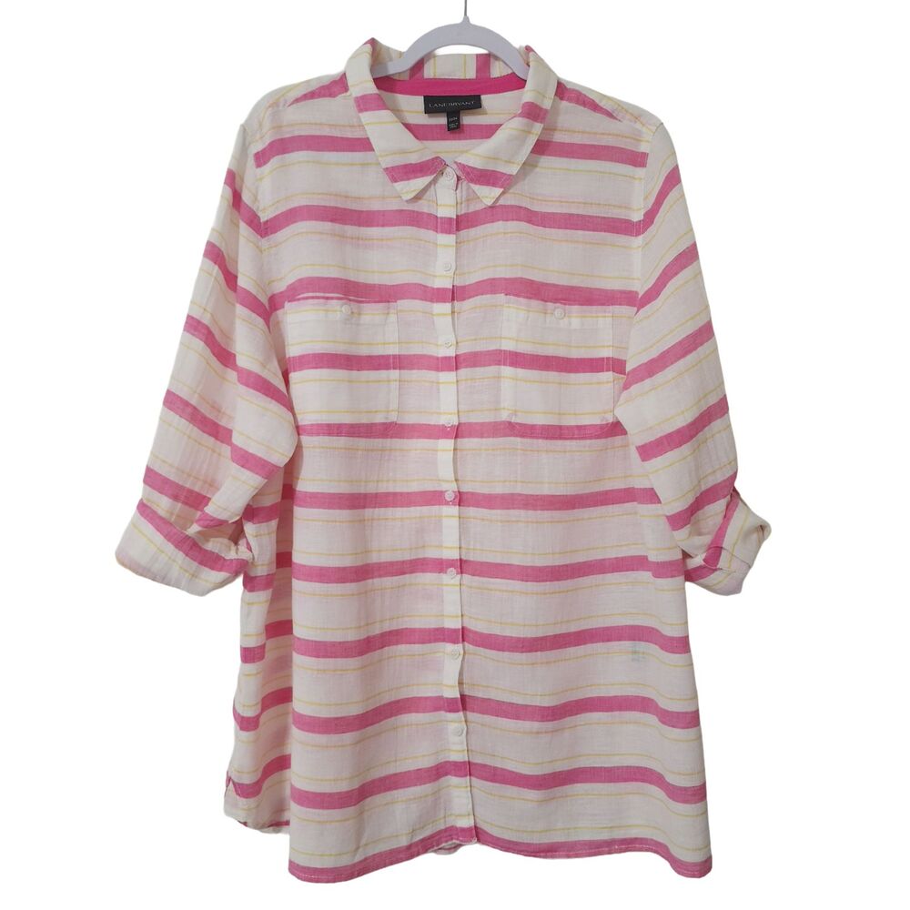 Lane Bryant Plus 22/24 Linen Cotton Button Up Blouse Pink Stripe Roll Tab EUC